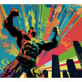 Colorful pop art superhero canvas with city skyline for bold modern room decor.