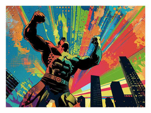Colorful pop art superhero canvas with city skyline for bold modern room decor.