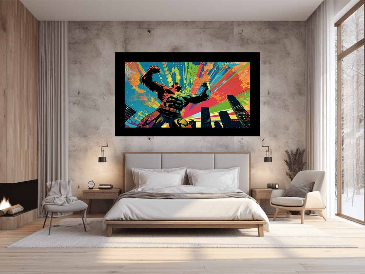 Colorful pop art superhero canvas with city skyline for bold modern room decor.