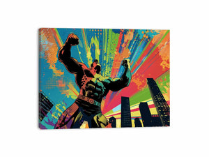 Colorful pop art superhero canvas with city skyline for bold modern room decor.