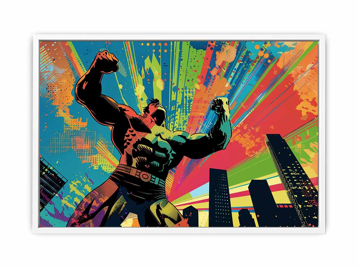 Colorful pop art superhero canvas with city skyline for bold modern room decor.