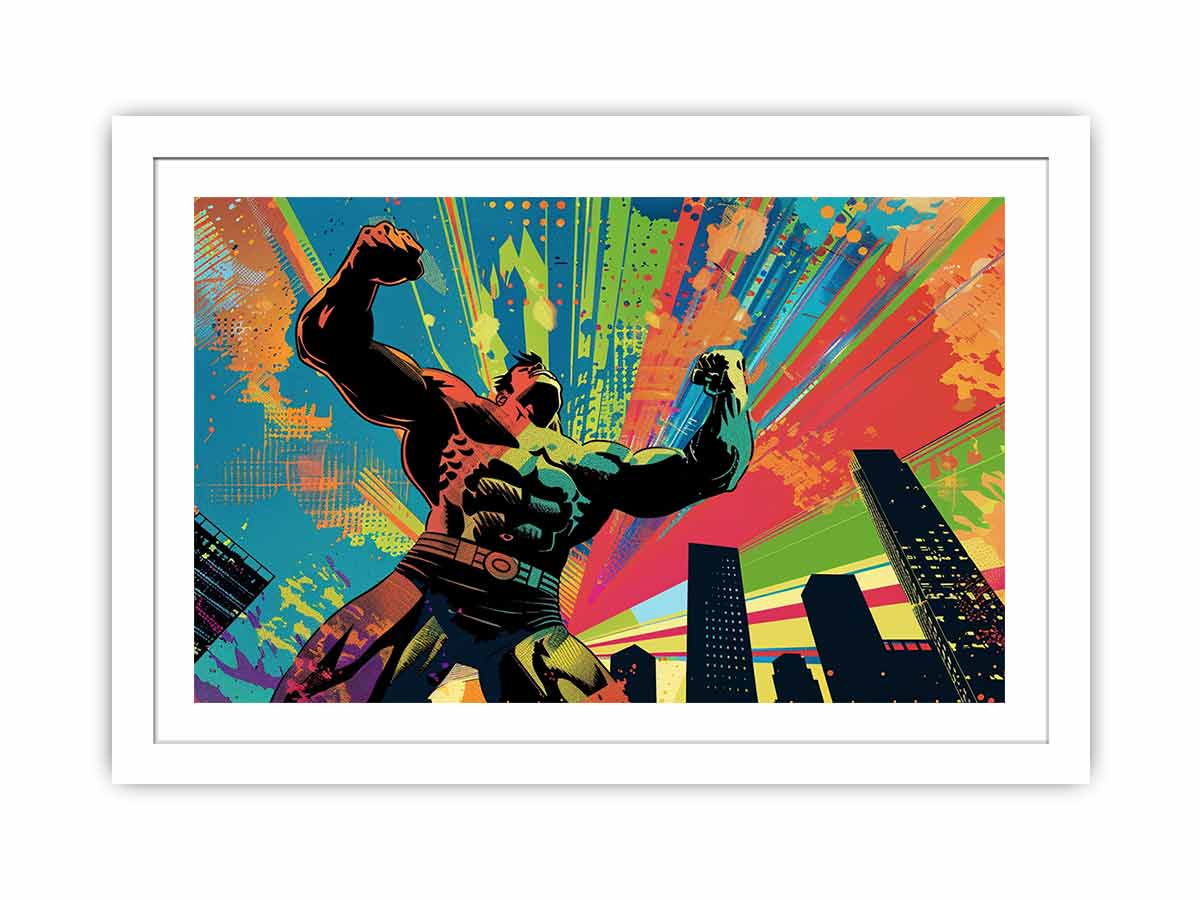 Colorful pop art superhero canvas with city skyline for bold modern room decor.