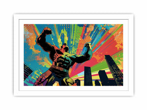 Colorful pop art superhero canvas with city skyline for bold modern room decor.