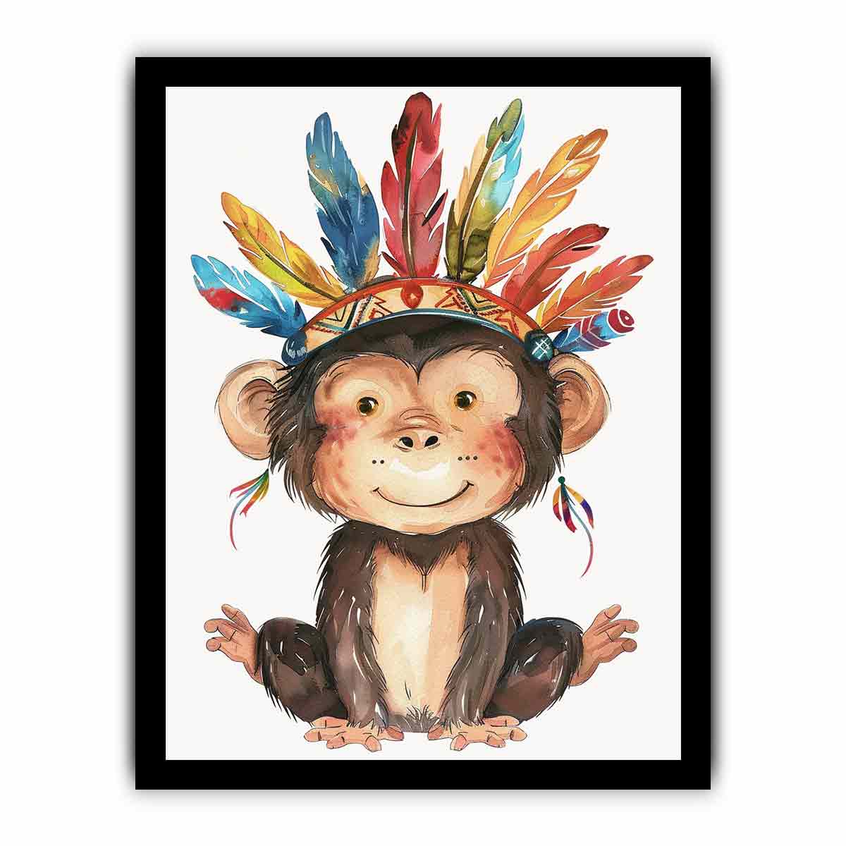 Cute watercolor monkey canvas art with colorful feathers for nursery or kids room decor.
