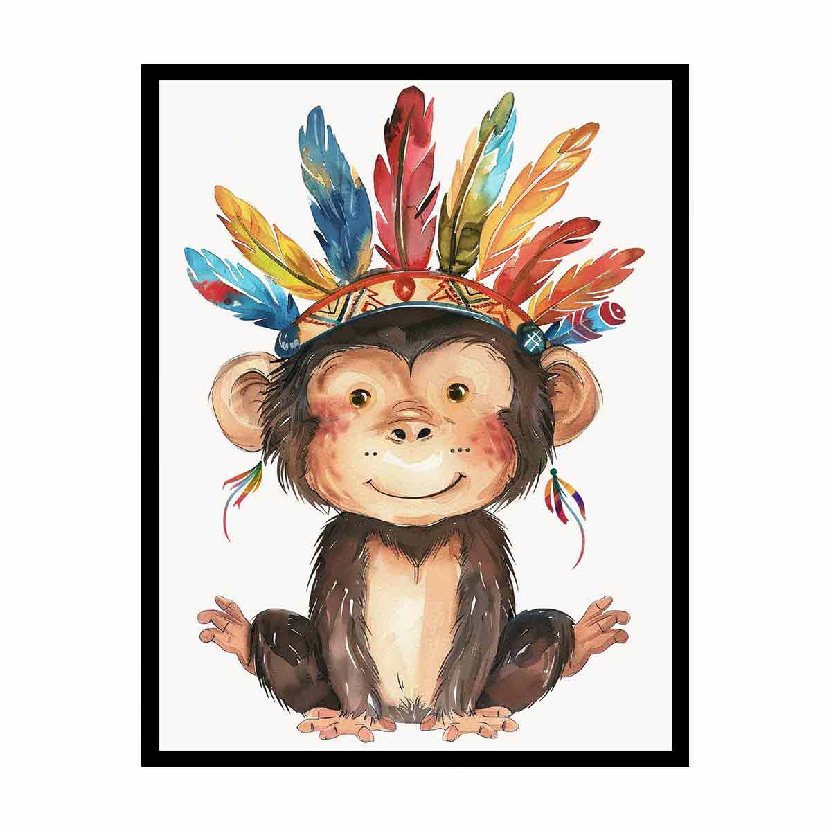 Cute watercolor monkey canvas art with colorful feathers for nursery or kids room decor.