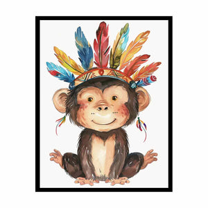Cute watercolor monkey canvas art with colorful feathers for nursery or kids room decor.