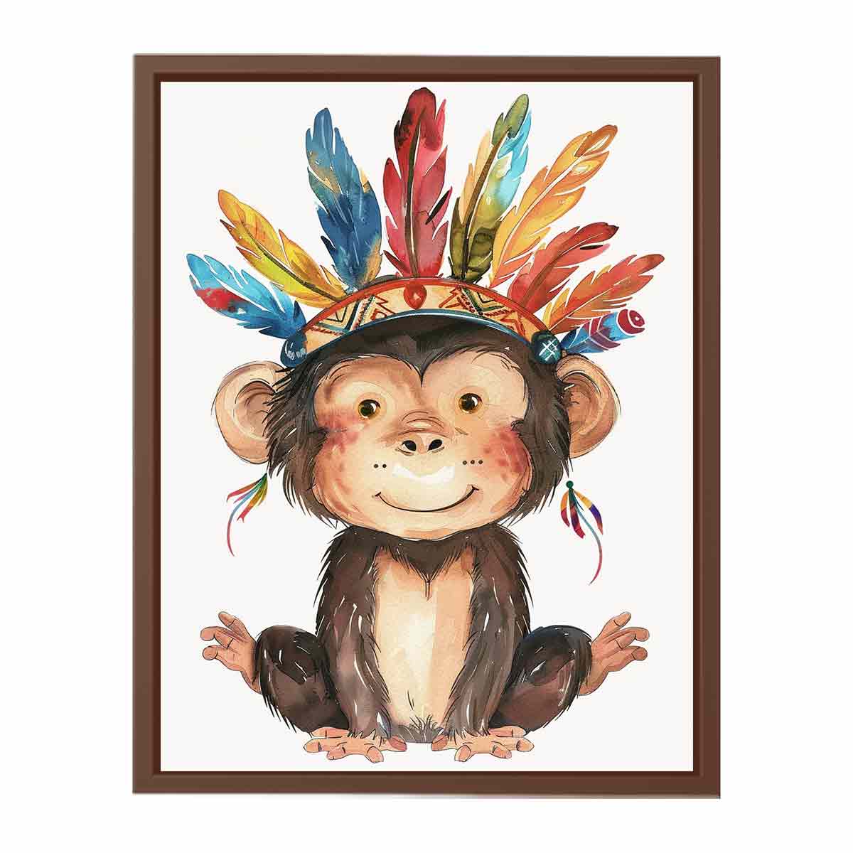 Cute watercolor monkey canvas art with colorful feathers for nursery or kids room decor.