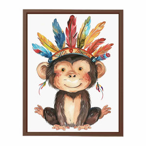 Cute watercolor monkey canvas art with colorful feathers for nursery or kids room decor.