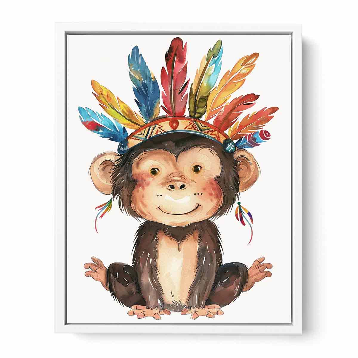 Cute watercolor monkey canvas art with colorful feathers for nursery or kids room decor.