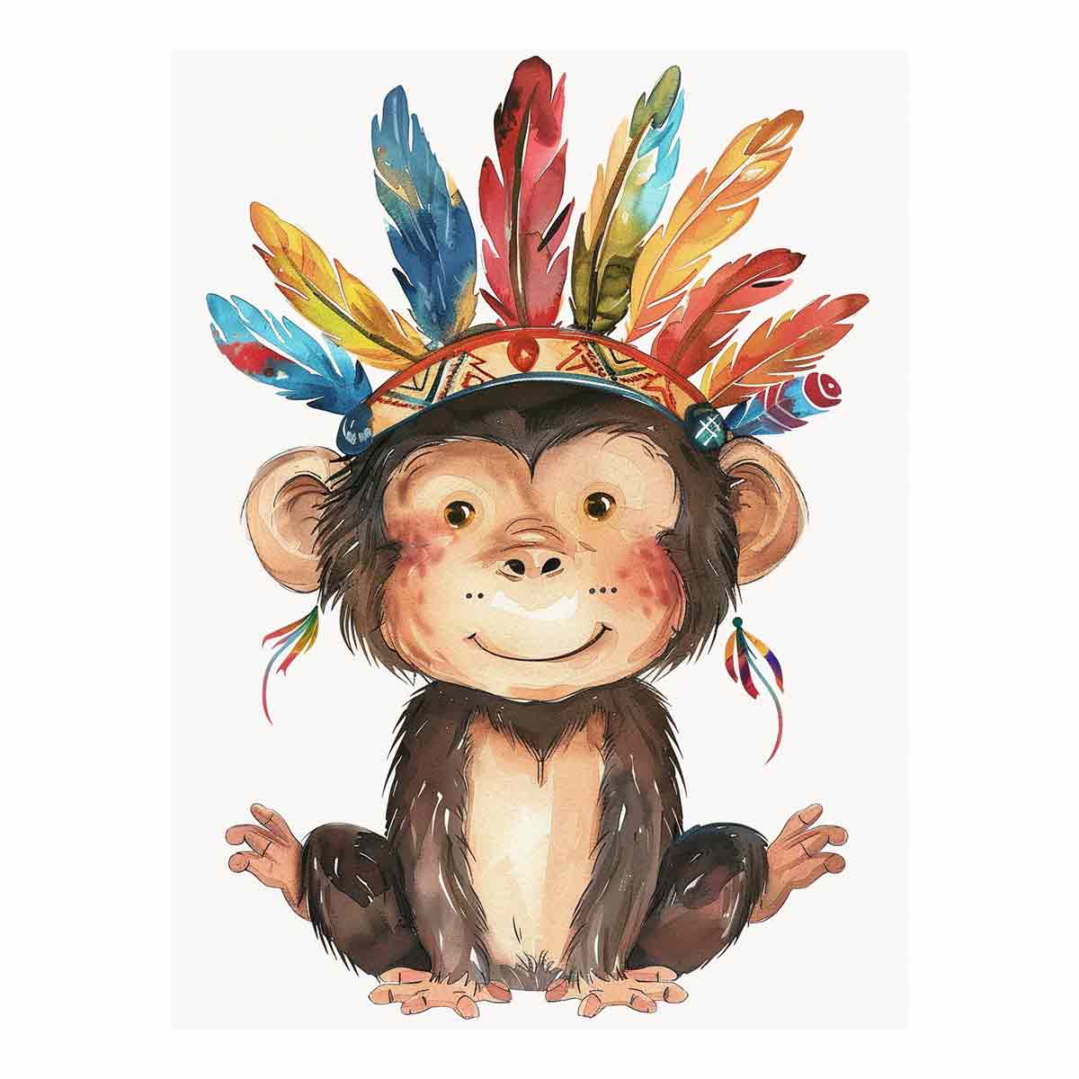 Cute watercolor monkey canvas art with colorful feathers for nursery or kids room decor.