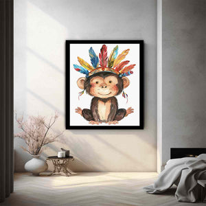 Cute watercolor monkey canvas art with colorful feathers for nursery or kids room decor.