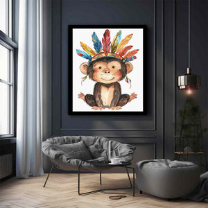Cute watercolor monkey canvas art with colorful feathers for nursery or kids room decor.