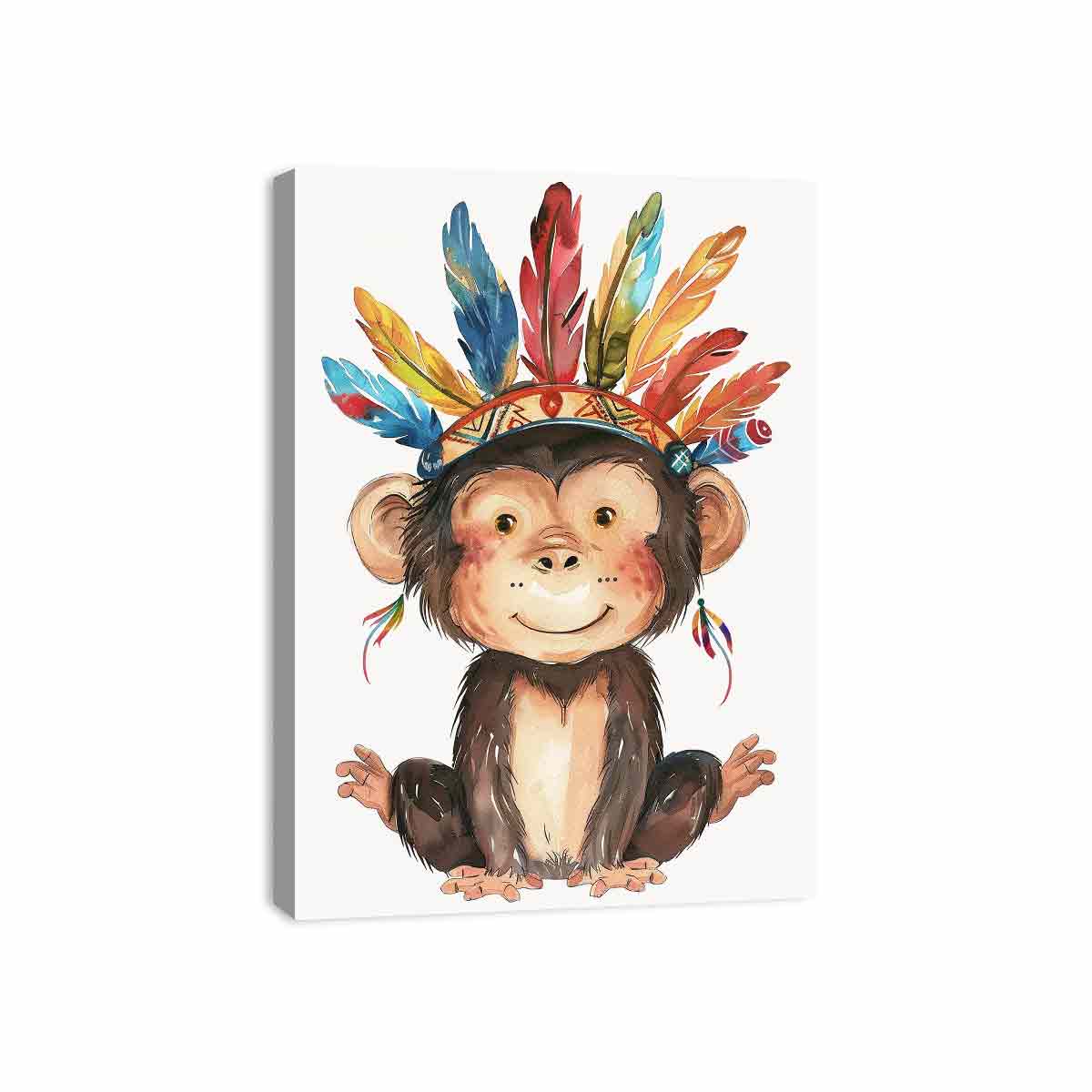 Cute watercolor monkey canvas art with colorful feathers for nursery or kids room decor.