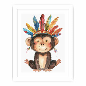 Cute watercolor monkey canvas art with colorful feathers for nursery or kids room decor.