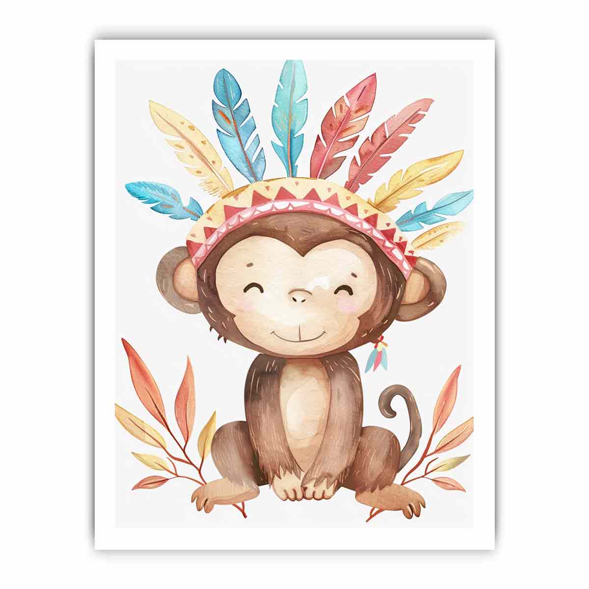 Boho watercolor monkey canvas with pastel feathers and leaves for nursery wall decor.