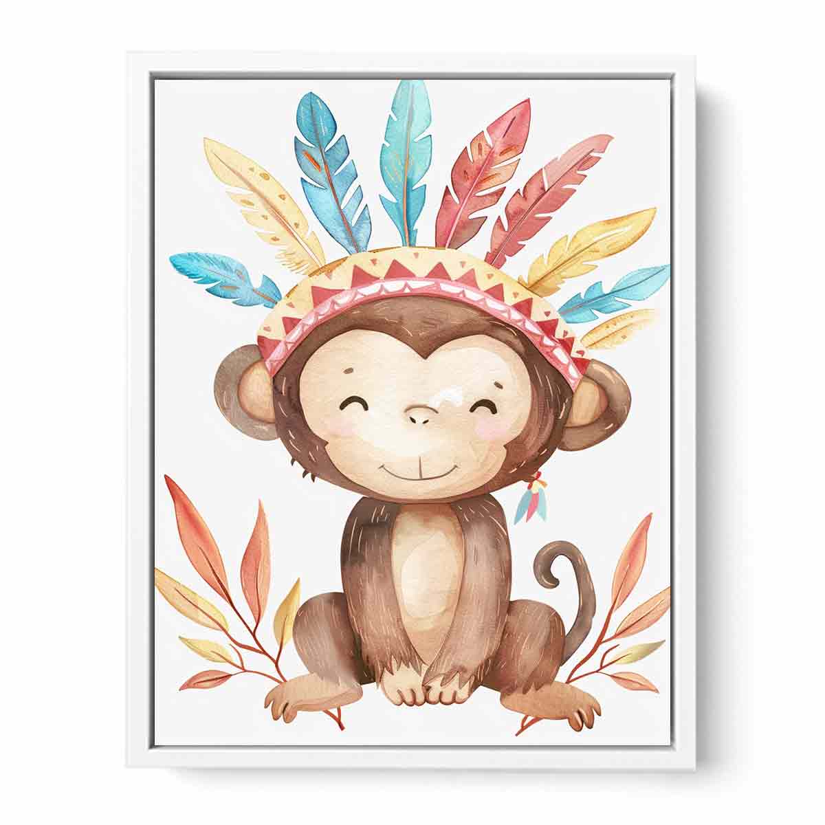 Boho watercolor monkey canvas with pastel feathers and leaves for nursery wall decor.