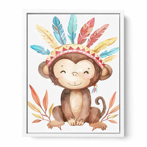 Boho watercolor monkey canvas with pastel feathers and leaves for nursery wall decor.