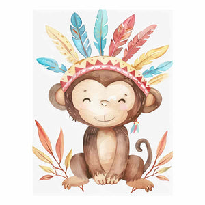 Boho watercolor monkey canvas with pastel feathers and leaves for nursery wall decor.