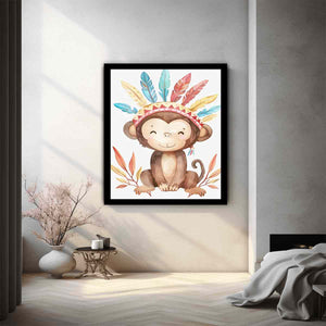 Boho watercolor monkey canvas with pastel feathers and leaves for nursery wall decor.