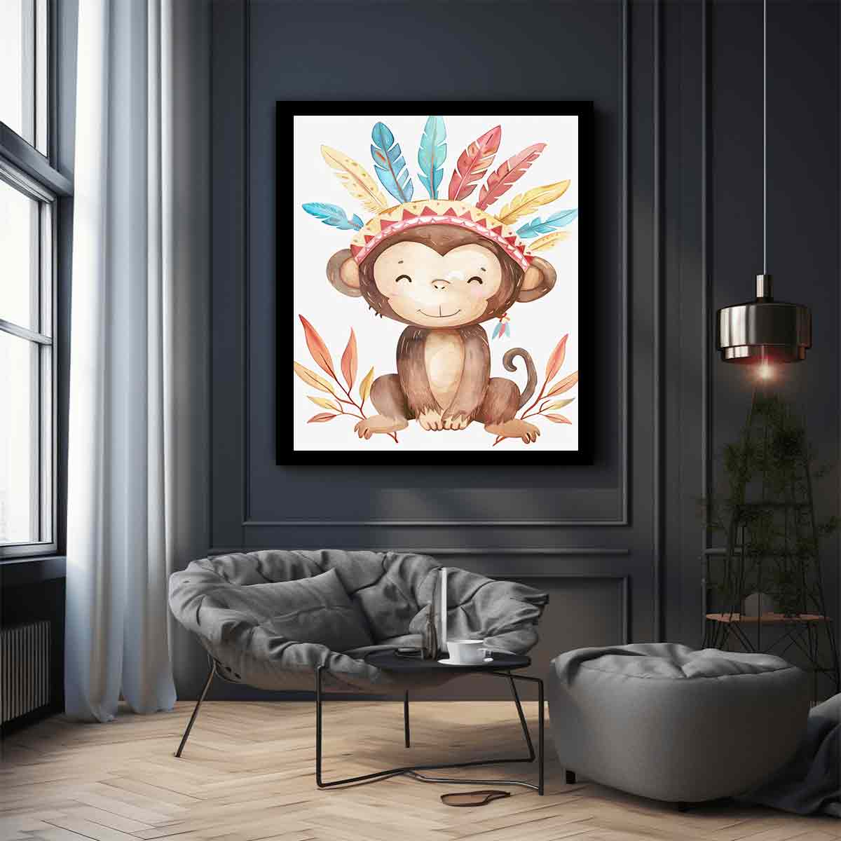 Boho watercolor monkey canvas with pastel feathers and leaves for nursery wall decor.