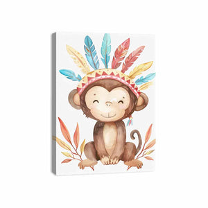 Boho watercolor monkey canvas with pastel feathers and leaves for nursery wall decor.