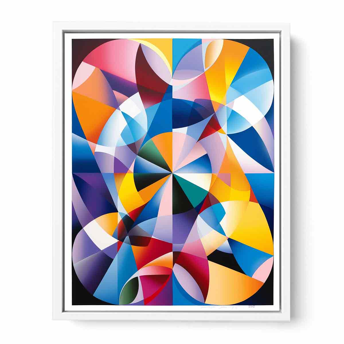 Colorful geometric abstract canvas art with prism shapes for modern living room decor.