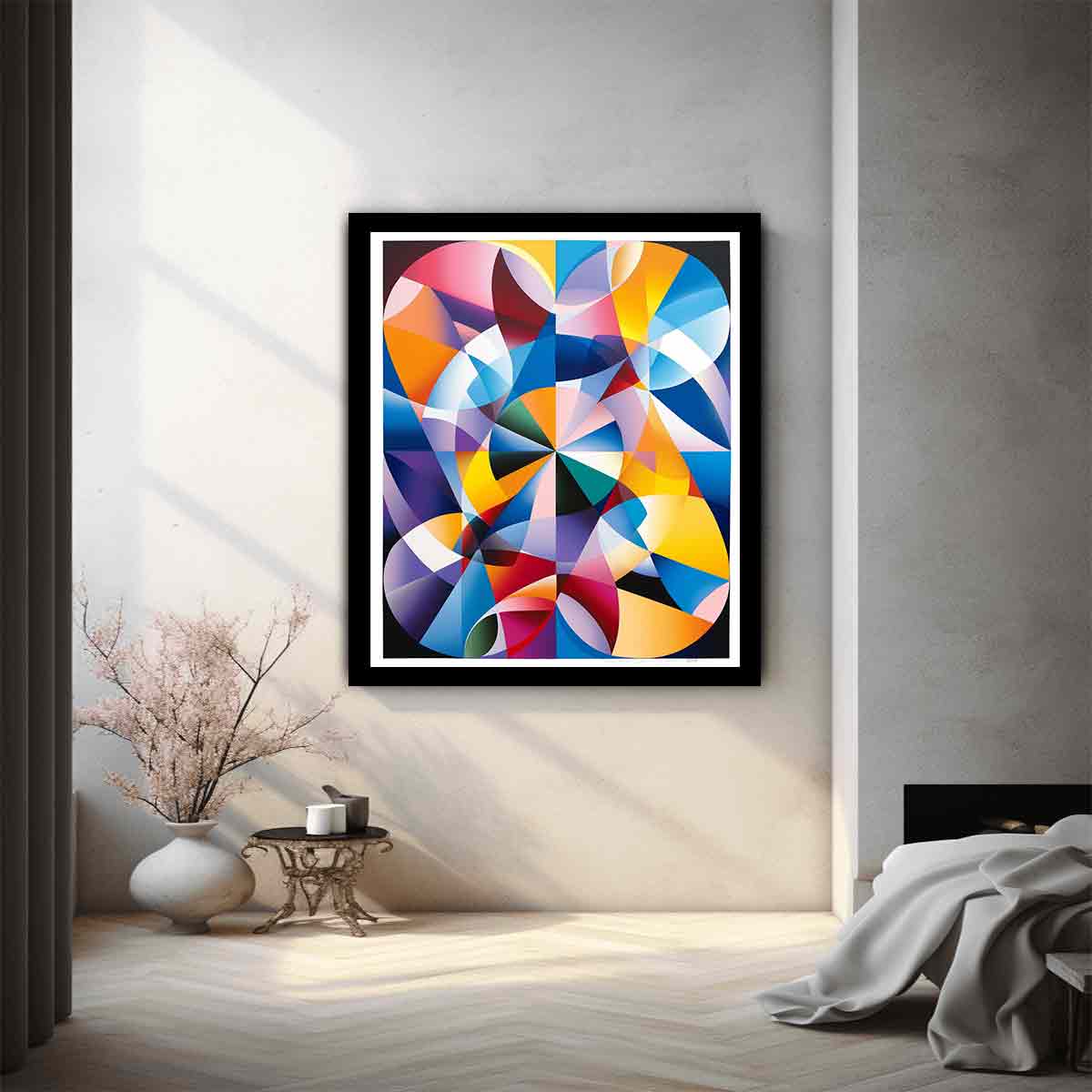 Colorful geometric abstract canvas art with prism shapes for modern living room decor.