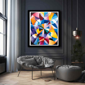Colorful geometric abstract canvas art with prism shapes for modern living room decor.