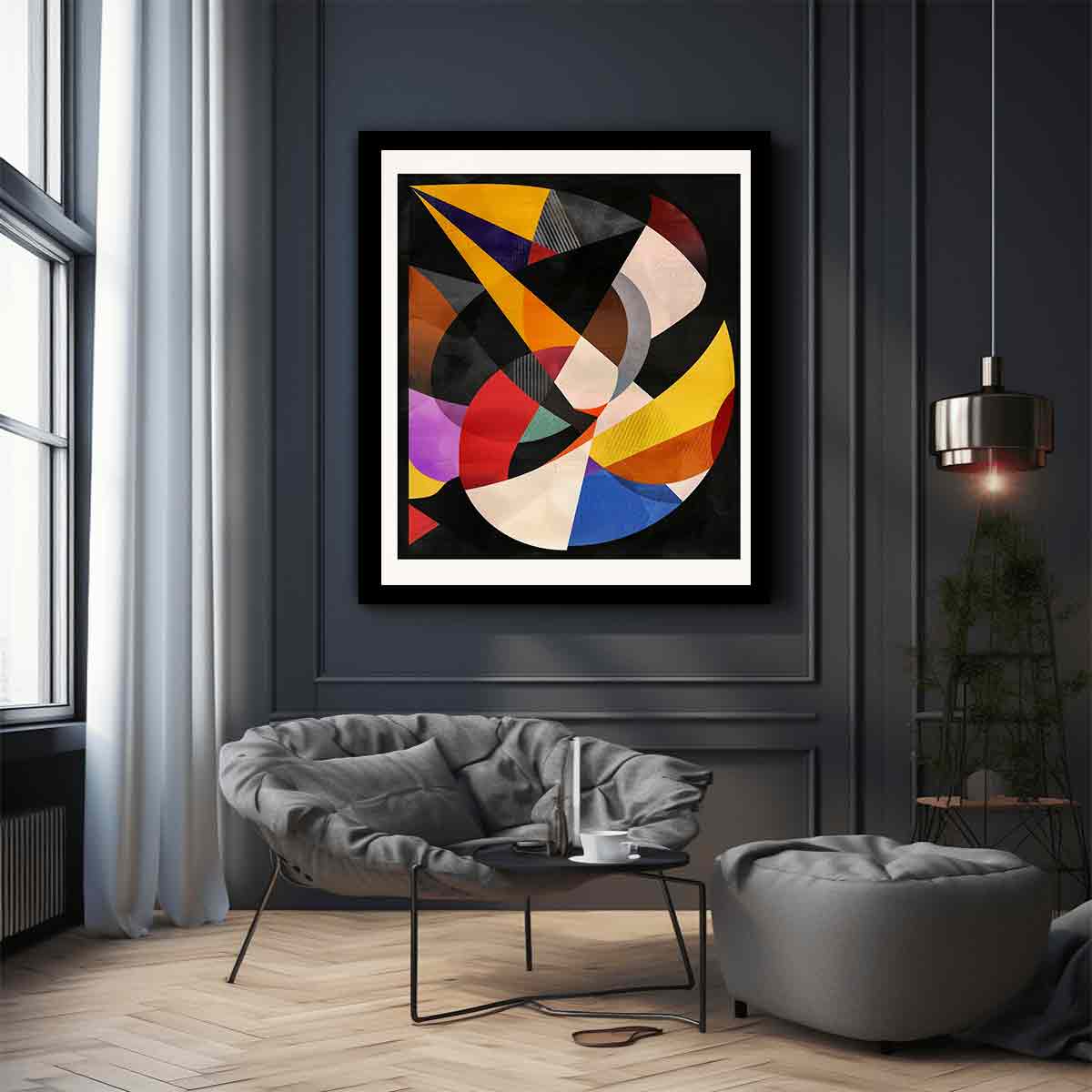 Dramatic geometric abstract canvas with black background for modern office or living room decor.