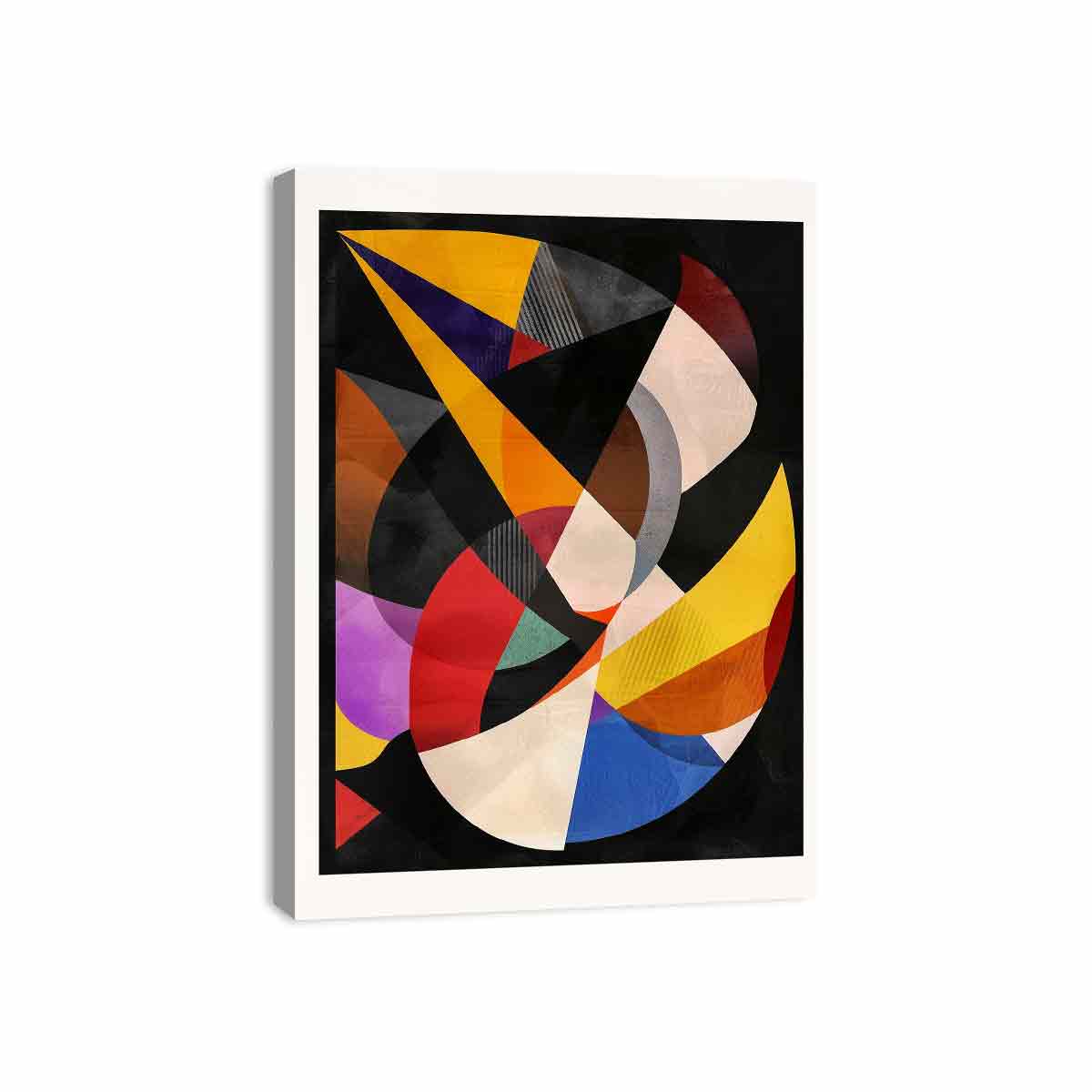 Dramatic geometric abstract canvas with black background for modern office or living room decor.