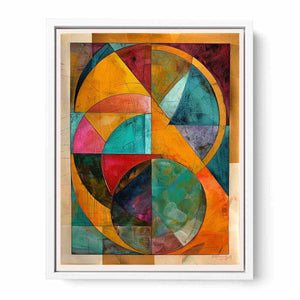 Warm geometric abstract canvas art with teal and mustard circles for modern dining room decor.