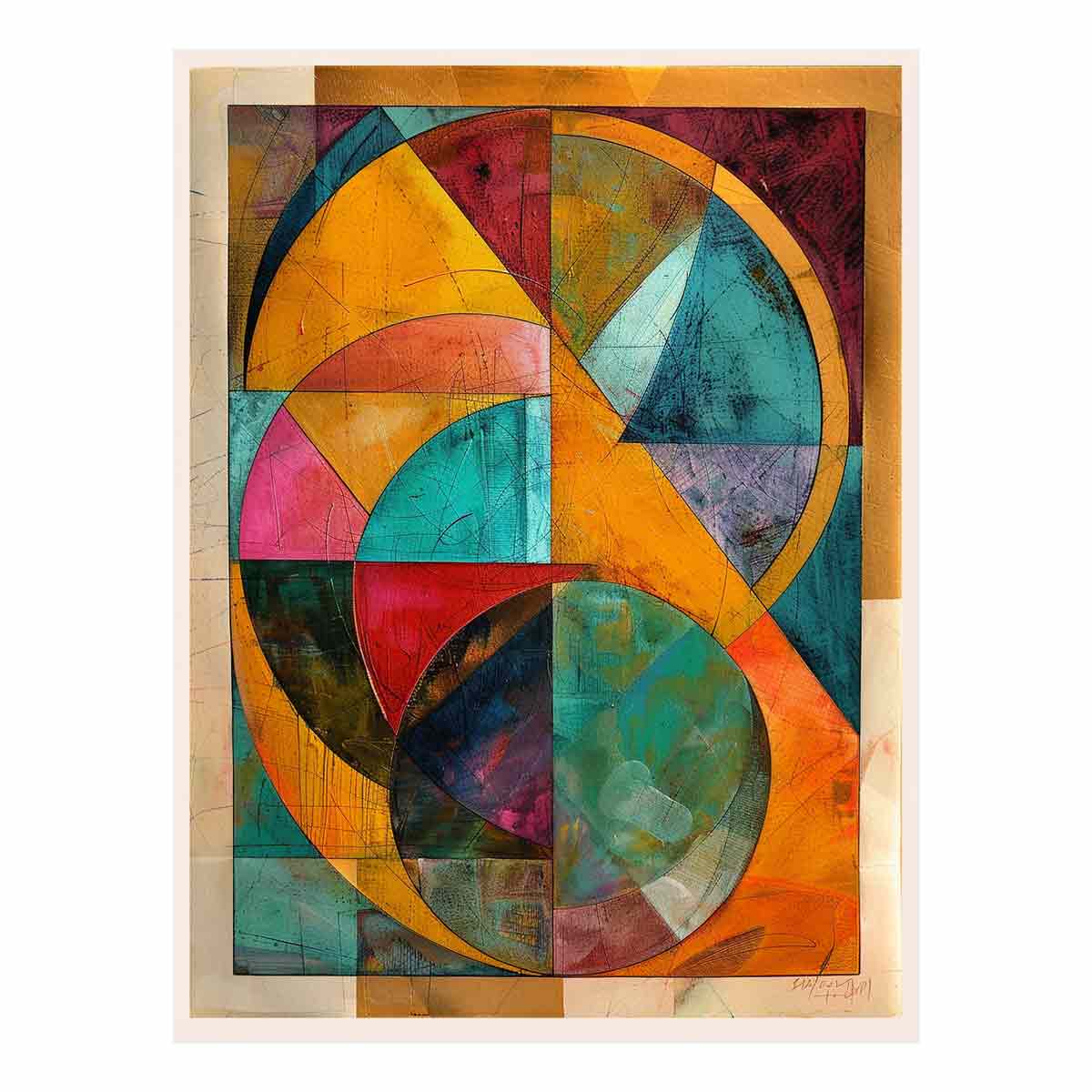 Warm geometric abstract canvas art with teal and mustard circles for modern dining room decor.