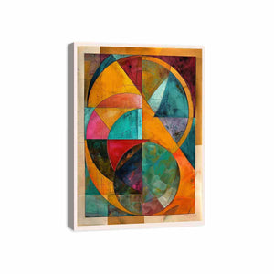 Warm geometric abstract canvas art with teal and mustard circles for modern dining room decor.