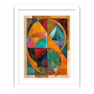Warm geometric abstract canvas art with teal and mustard circles for modern dining room decor.