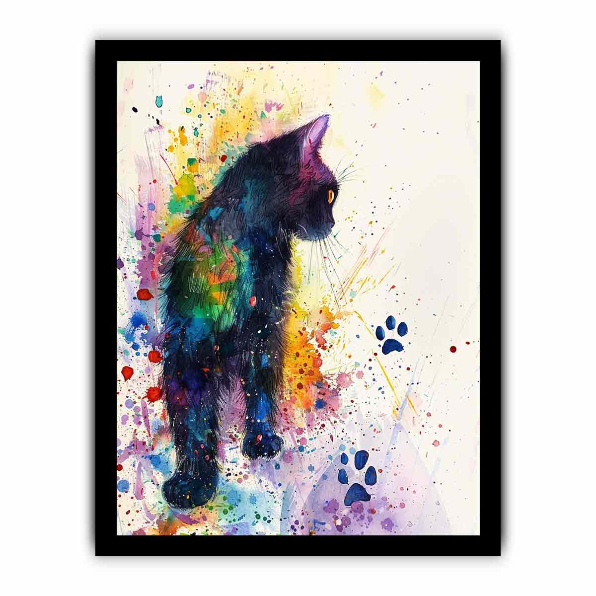 Colorful watercolor black cat canvas art with paint splashes for playful home decor.