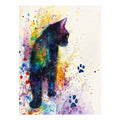 Colorful watercolor black cat canvas art with paint splashes for playful home decor.