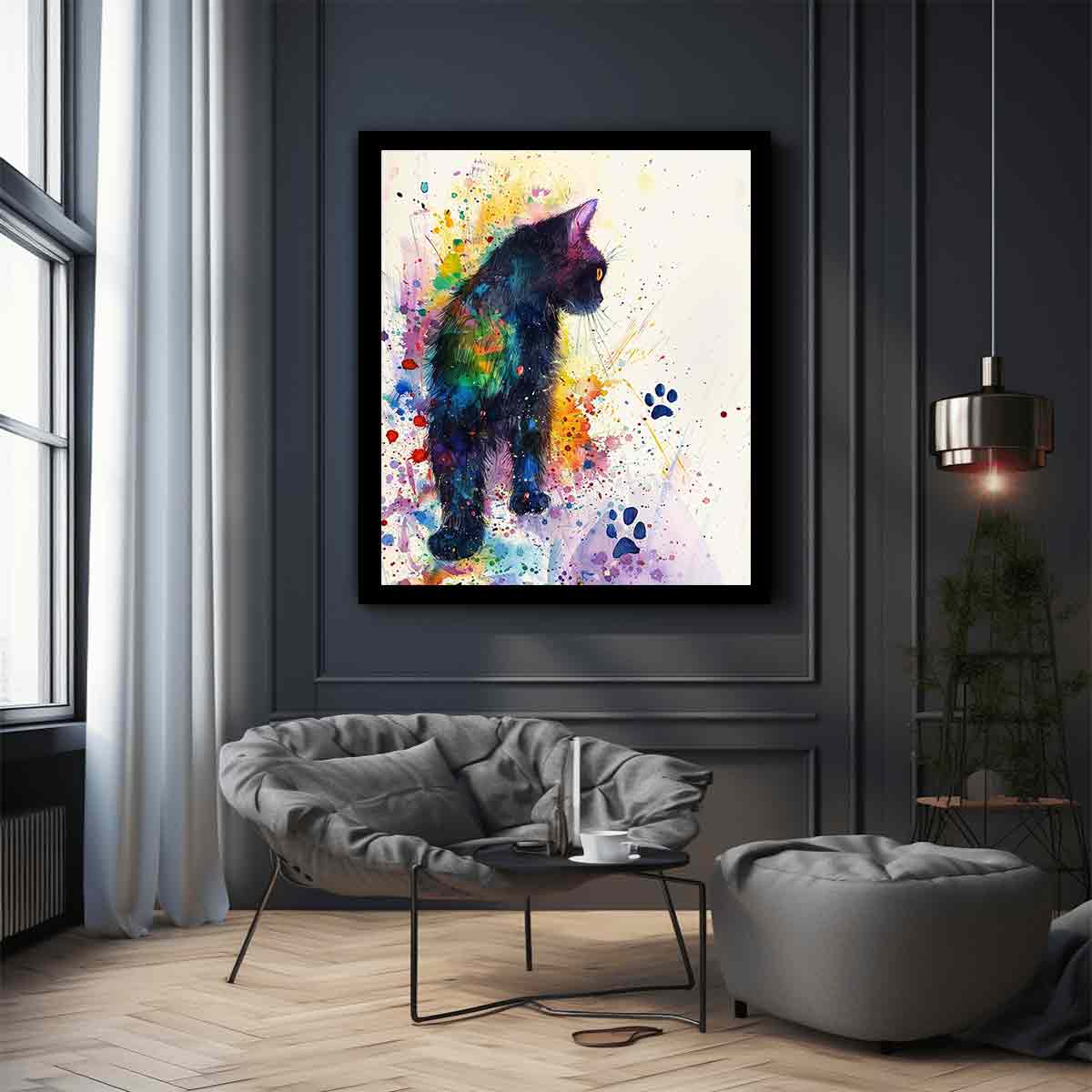 Colorful watercolor black cat canvas art with paint splashes for playful home decor.