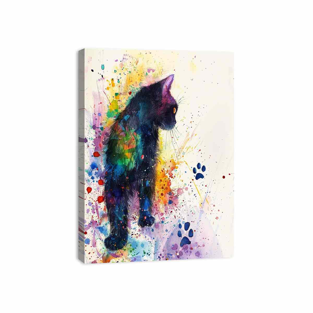 Colorful watercolor black cat canvas art with paint splashes for playful home decor.