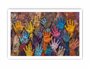 Colorful raised hands canvas art with cultural texture for modern office or living room decor.