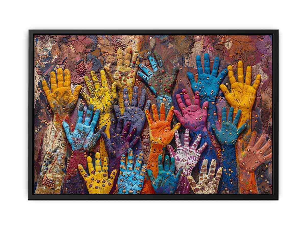 Colorful raised hands canvas art with cultural texture for modern office or living room decor.