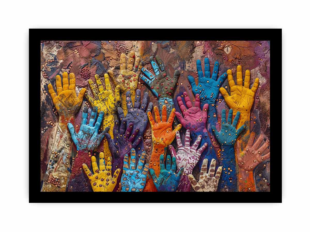 Colorful raised hands canvas art with cultural texture for modern office or living room decor.
