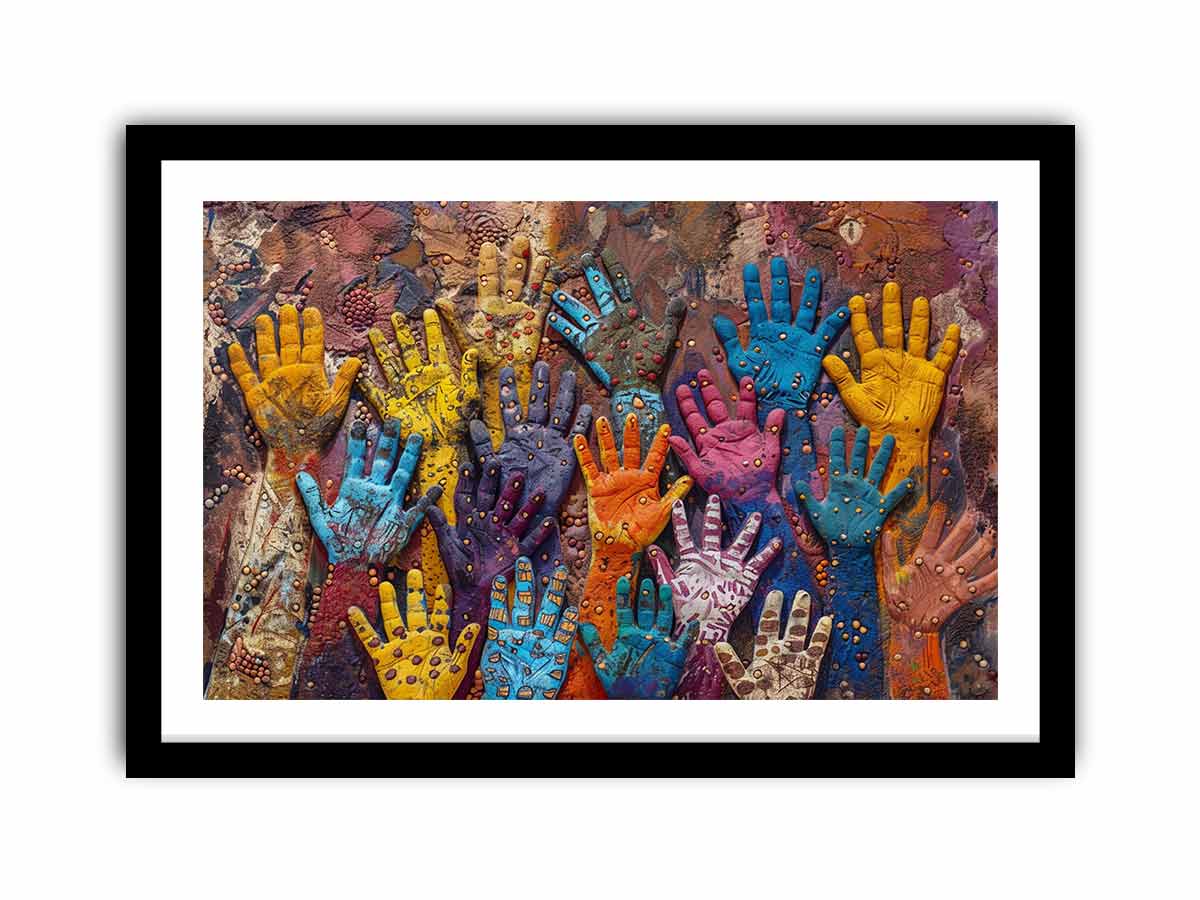 Colorful raised hands canvas art with cultural texture for modern office or living room decor.