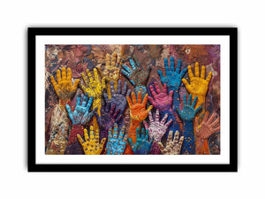 Colorful raised hands canvas art with cultural texture for modern office or living room decor.