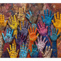 Colorful raised hands canvas art with cultural texture for modern office or living room decor.