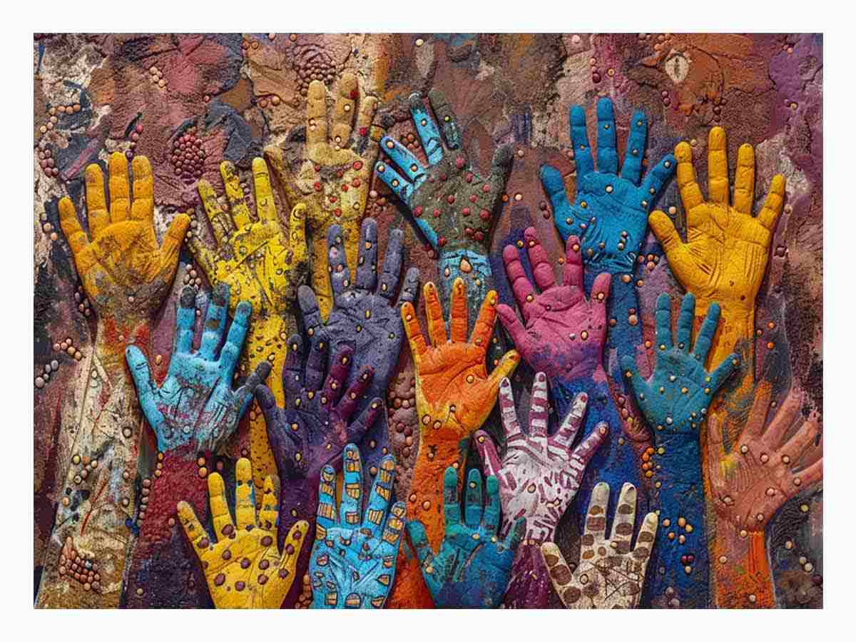 Colorful raised hands canvas art with cultural texture for modern office or living room decor.