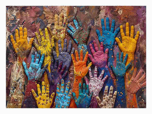 Colorful raised hands canvas art with cultural texture for modern office or living room decor.