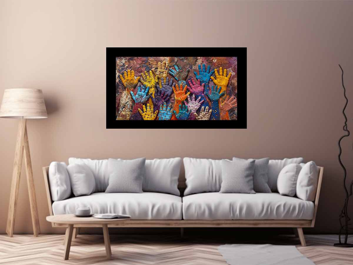 Colorful raised hands canvas art with cultural texture for modern office or living room decor.