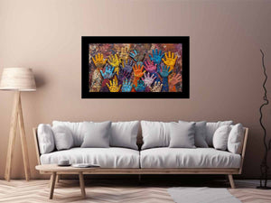 Colorful raised hands canvas art with cultural texture for modern office or living room decor.
