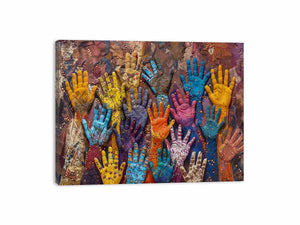 Colorful raised hands canvas art with cultural texture for modern office or living room decor.
