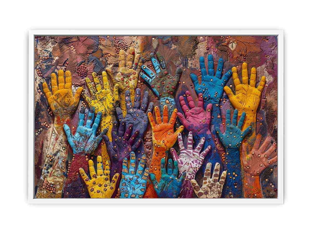 Colorful raised hands canvas art with cultural texture for modern office or living room decor.